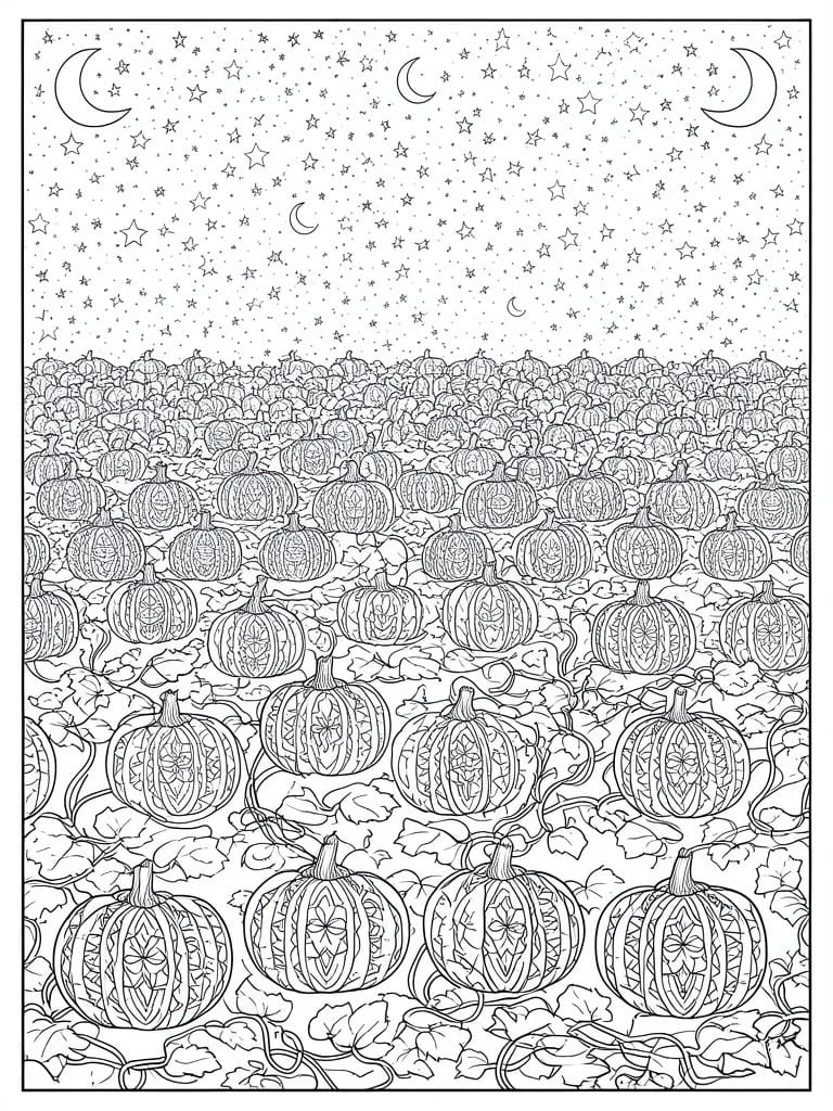 Coloring page of patterned pumpkins in a vine-filled field under a starry night sky.
