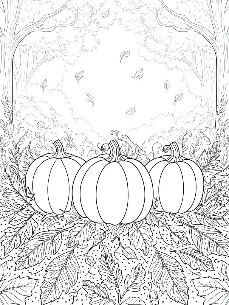 Three pumpkins amid leaves and trees in a forest coloring page