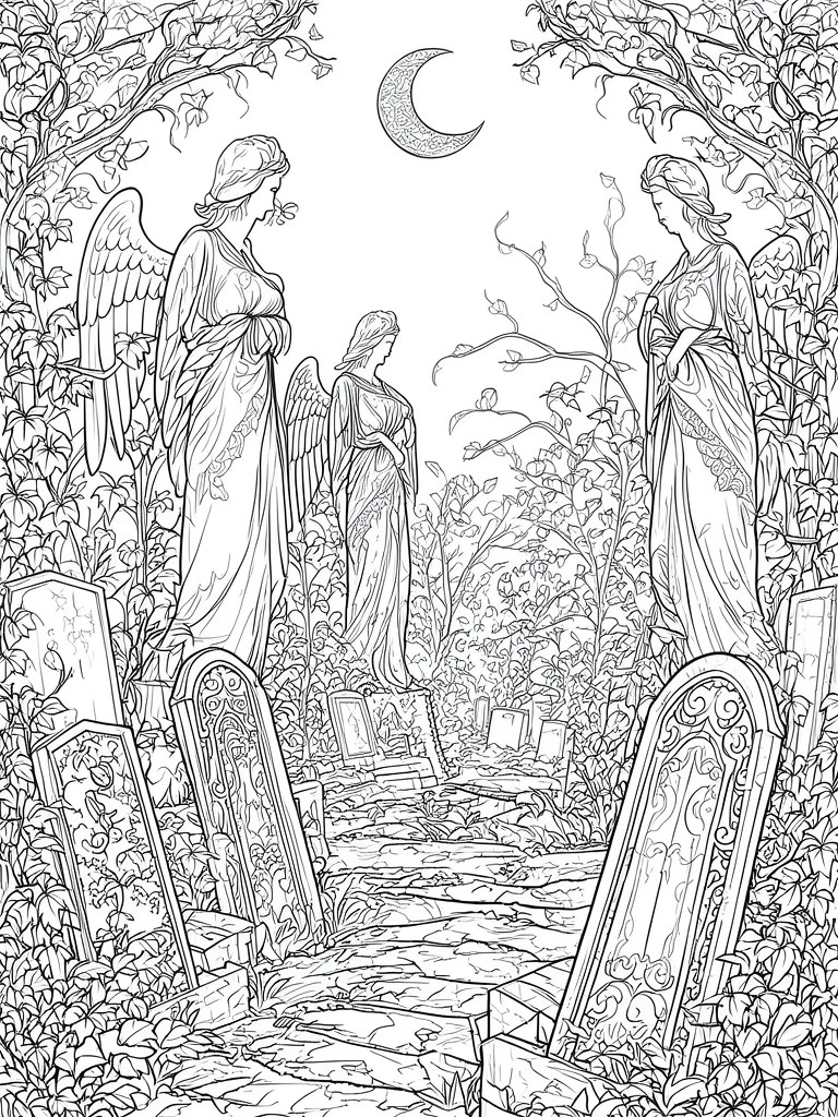 A black and white coloring page shows three winged women among carved gravestones in a wooded cemetery with a crescent moon above.