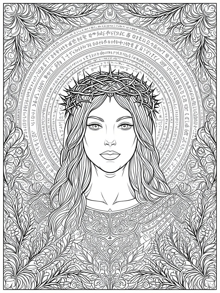A line drawing of a face wearing a crown of thorns, centered inside a ring of text and surrounded by intricate leaf borders.