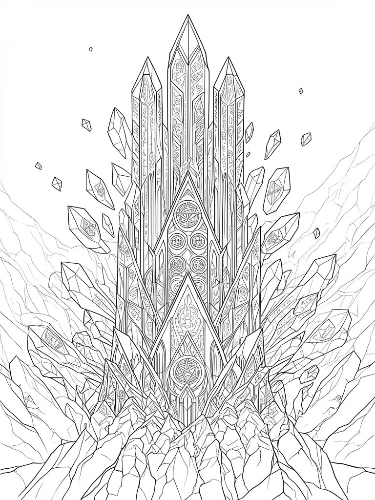 Black and white line drawing of tall ornate crystals with pentagrams rising from rocks with floating shards around them.