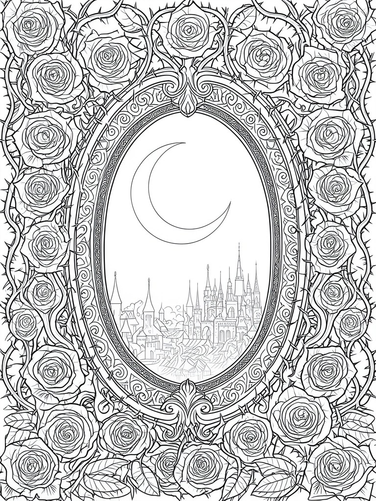 Ornate oval frame of roses and vines enclosing crescent moon and castle
