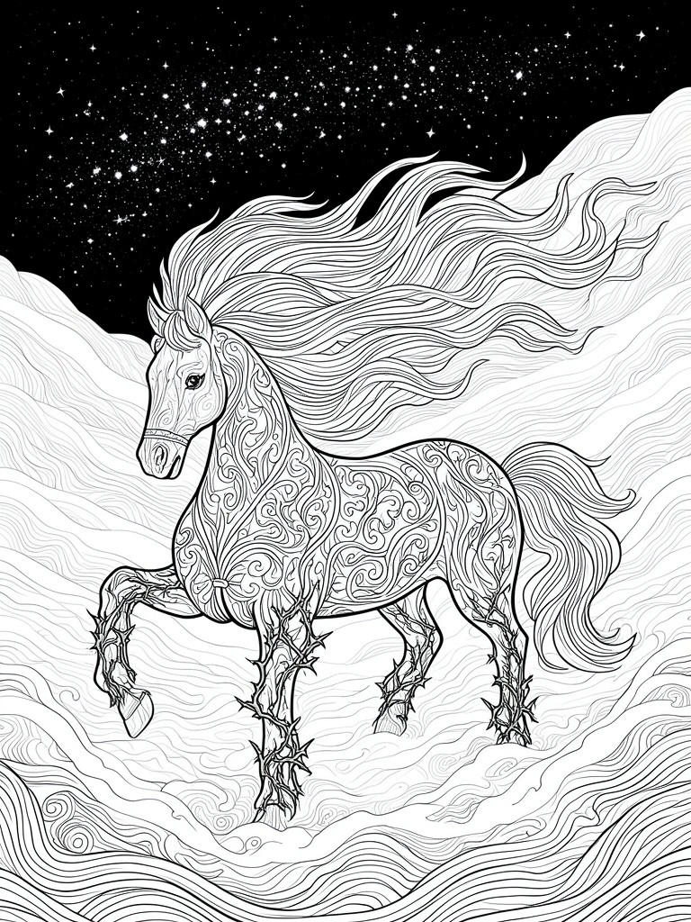 Ornate horse with swirling patterns and thorny legs gallops under starry sky amid waves.