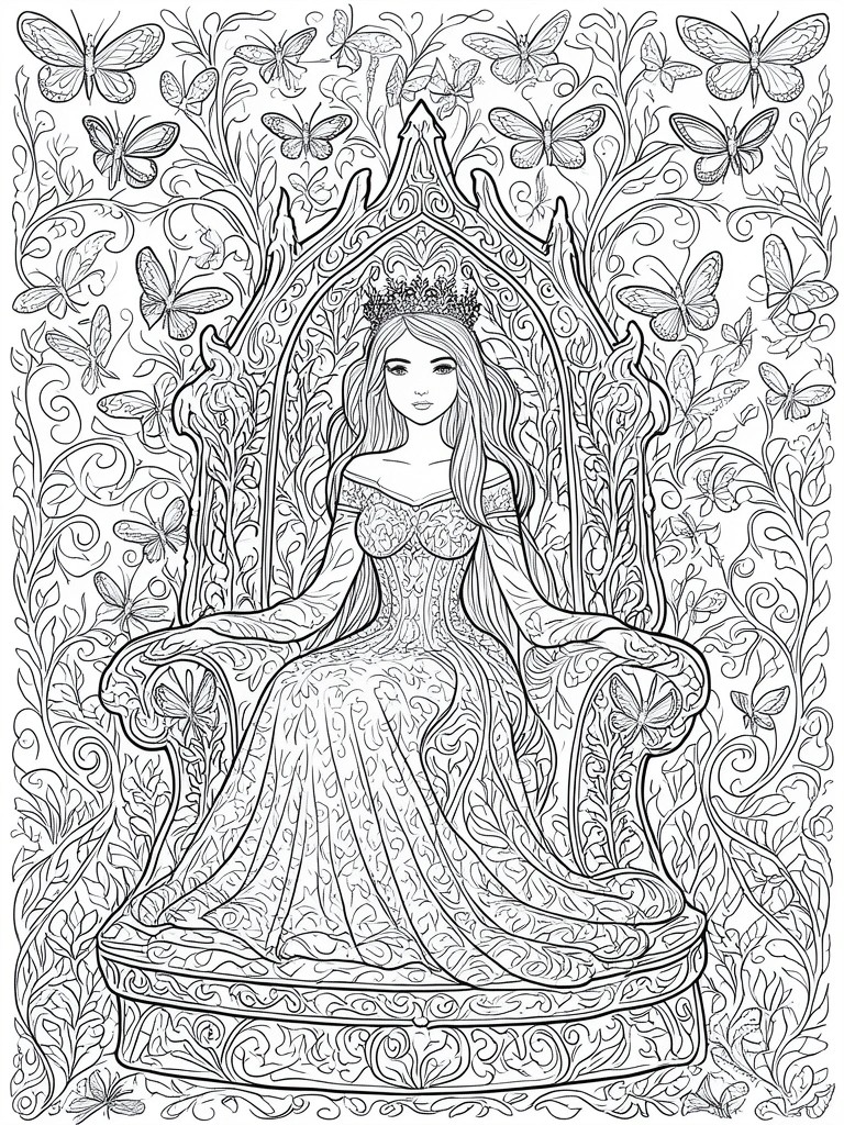 A black and white line drawing of a crowned woman sitting on an elaborate throne surrounded by butterflies and vine patterns.