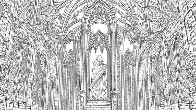18 Dramatic Dark Fantasy Coloring Pages for Gothic and Magical Artwork Fans Fantasy Gothic castle with dragons atop towers and robed figure in arched doorway.