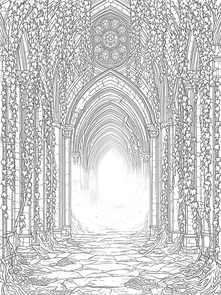 Gothic stone arches overgrown with vines in ruined cathedral corridor