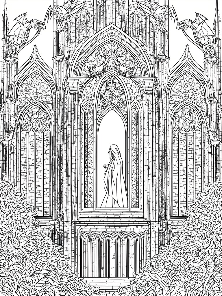 Fantasy Gothic castle with dragons atop towers and robed figure in arched doorway.