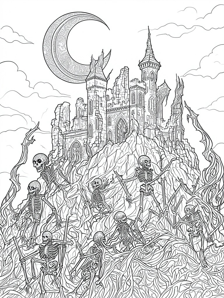 Skeletons climbing rocky hill to ruined castle under patterned crescent moon, black-and-white line art