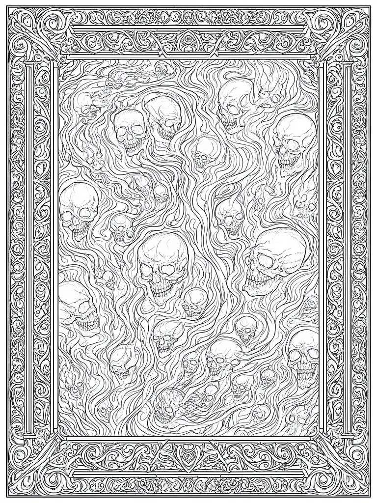 Numerous skulls swirling amid wavy lines inside an ornate decorative frame.