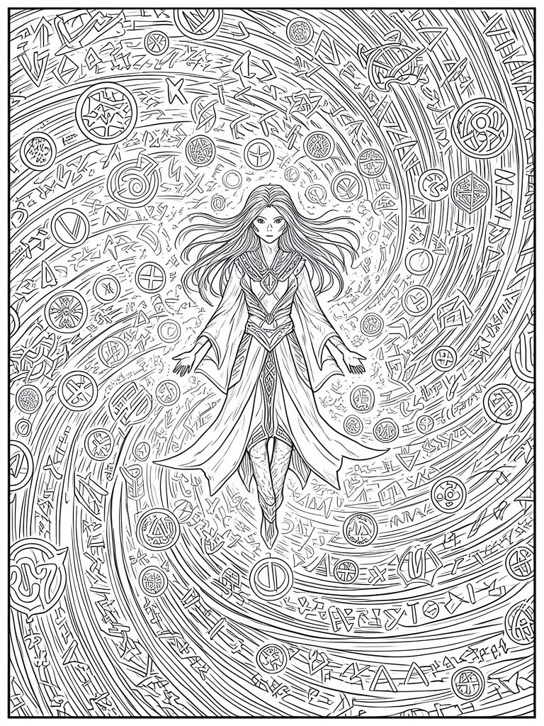 A line drawing of a long-haired woman in ornate robes floating amid swirling runes and magical symbols.