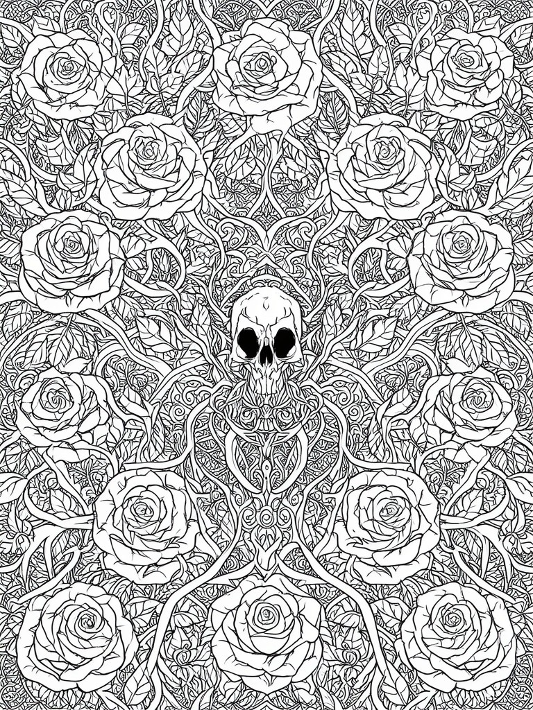 A black and white coloring page with a central skull surrounded by roses and dense swirling vines in a symmetrical pattern.