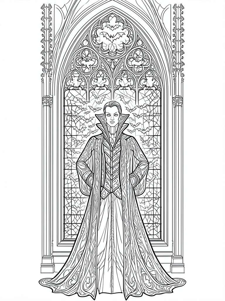 Vampire in ornate patterned cape stands before gothic window with flying bats