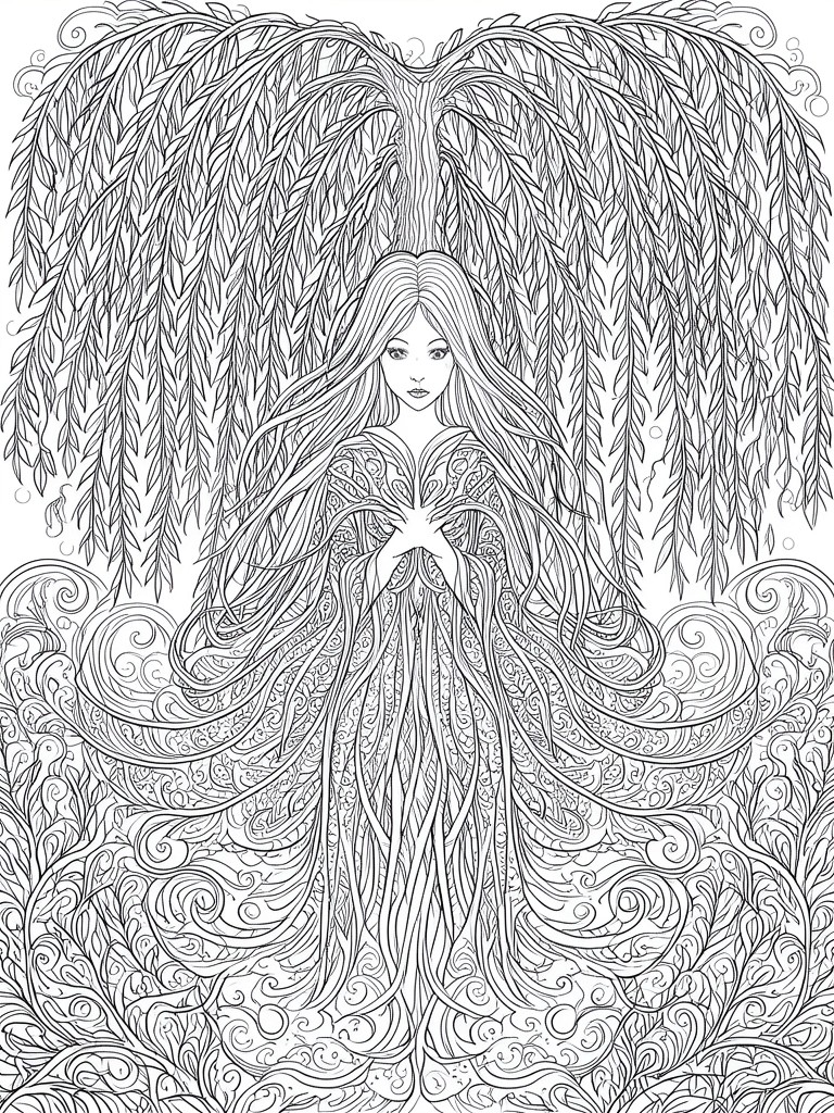 A black and white line drawing of a woman with long flowing hair standing under a weeping willow tree with patterned clothing and swirling foliage at the base.