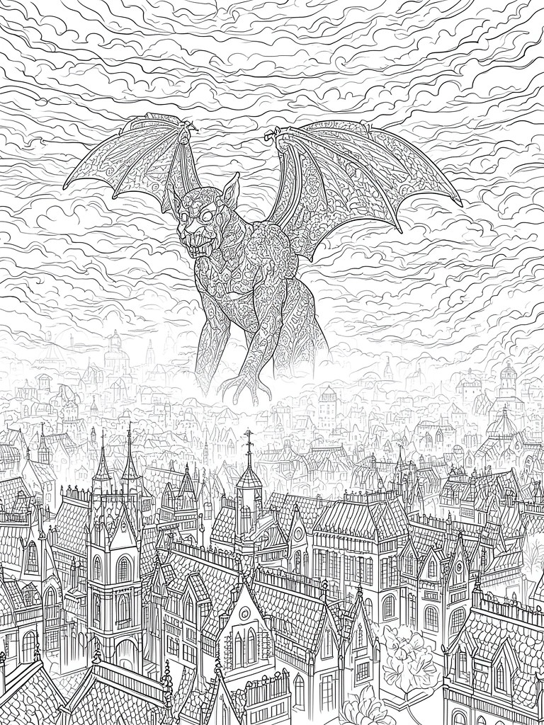 Ornate line art of a bat-winged monster soaring above gothic city rooftops