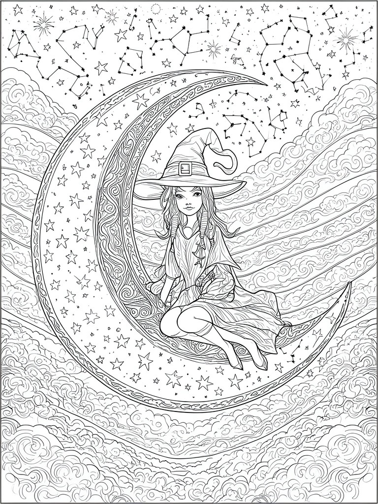 Witch in pointed hat and dress sits on crescent moon amid stars and clouds