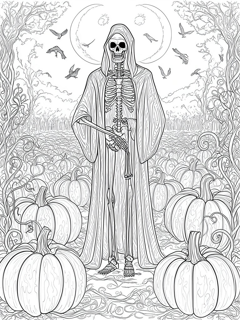 A coloring page shows a skeleton grim reaper holding a scythe in a pumpkin patch under a moon with birds and trees around it.