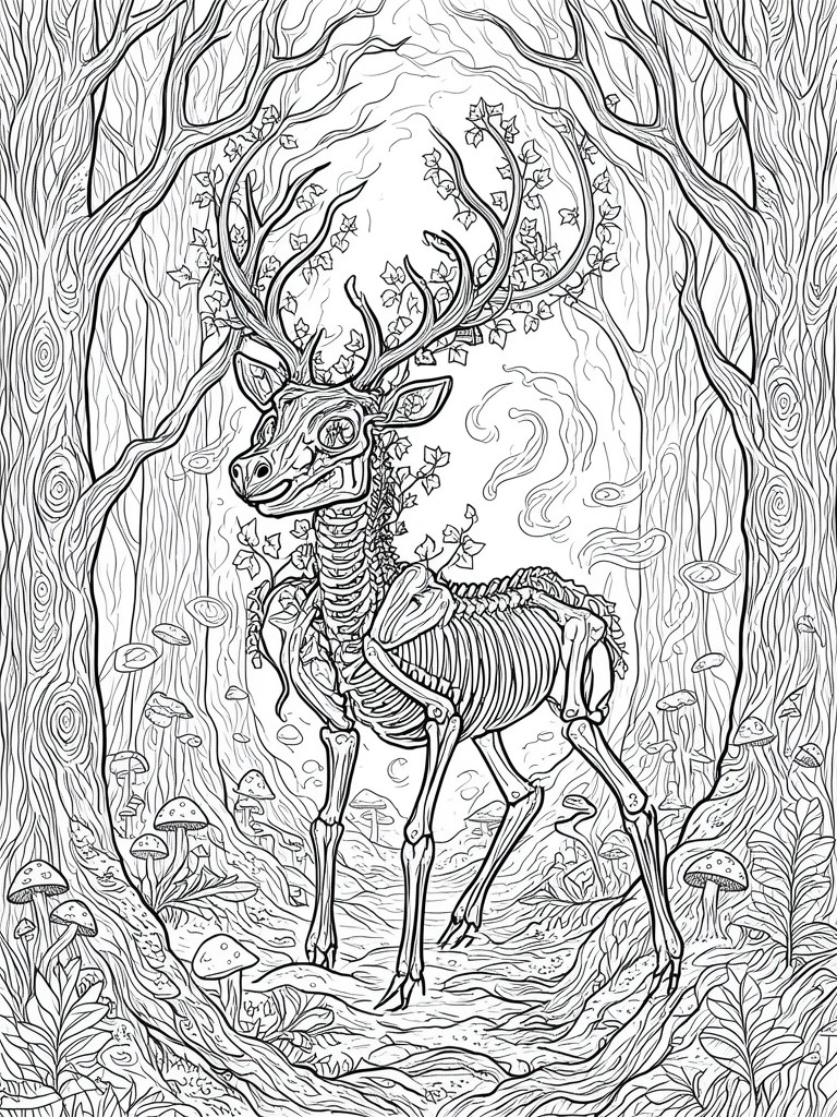 A detailed line drawing of a skeletal deer with antlers and vines standing in a forest surrounded by trees, mushrooms, and leaves.