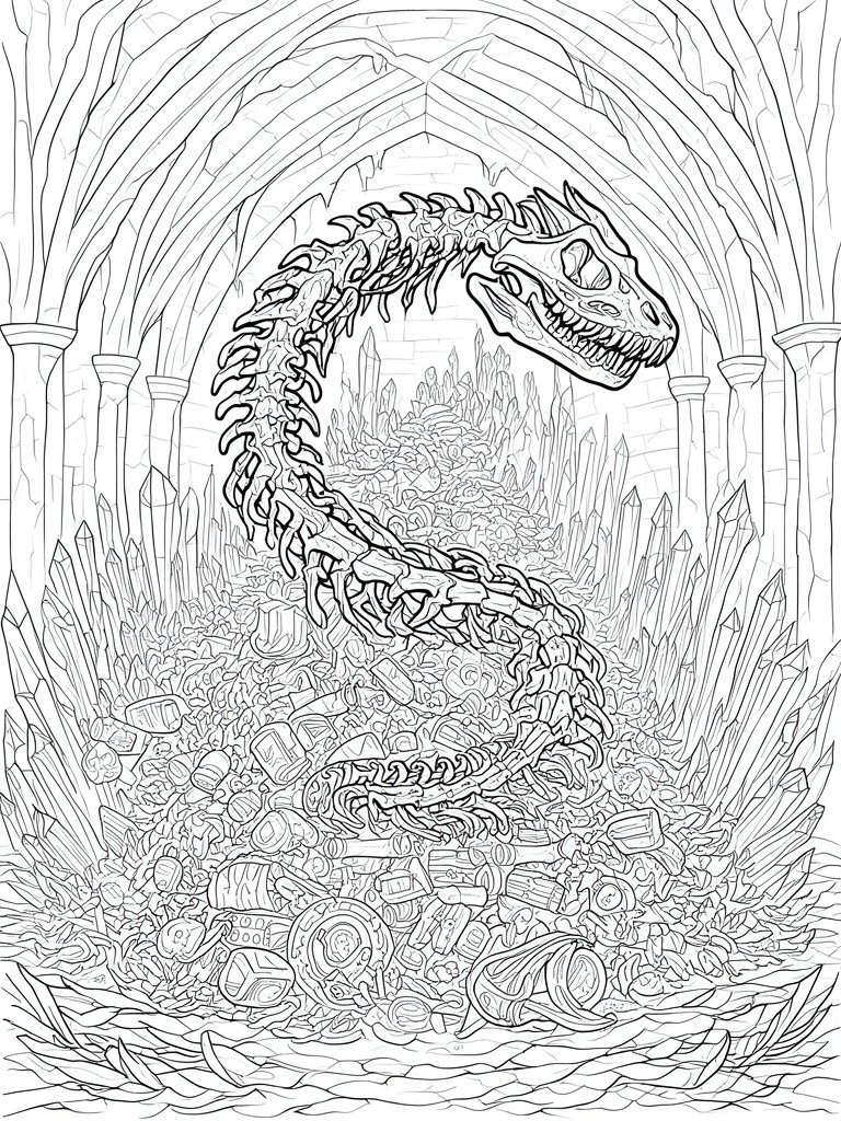 Dragon skeleton coiled amid crystals, ruins, and treasure in arched stone hall.