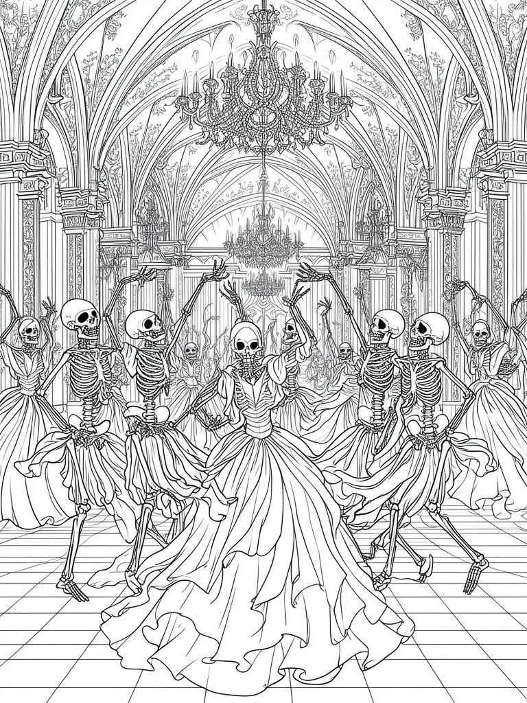 A group of skeletons in gowns dance in pairs and lines inside an ornate ballroom with chandeliers and high arches.
