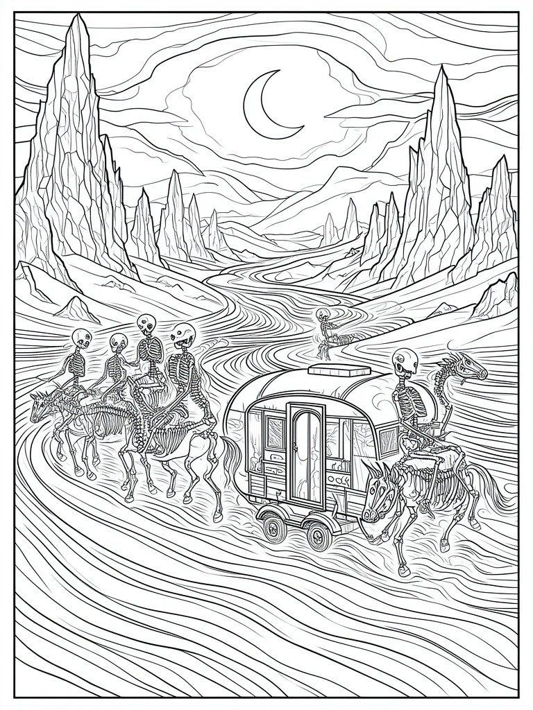 Skeletons on horses pull a caravan through rocky mountains under a crescent moon.