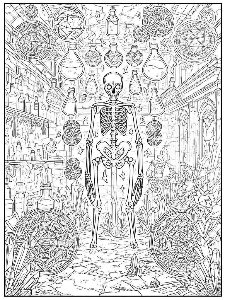 A black and white line drawing of a standing skeleton surrounded by potion bottles, crystals, and magical circles in a stone chamber.