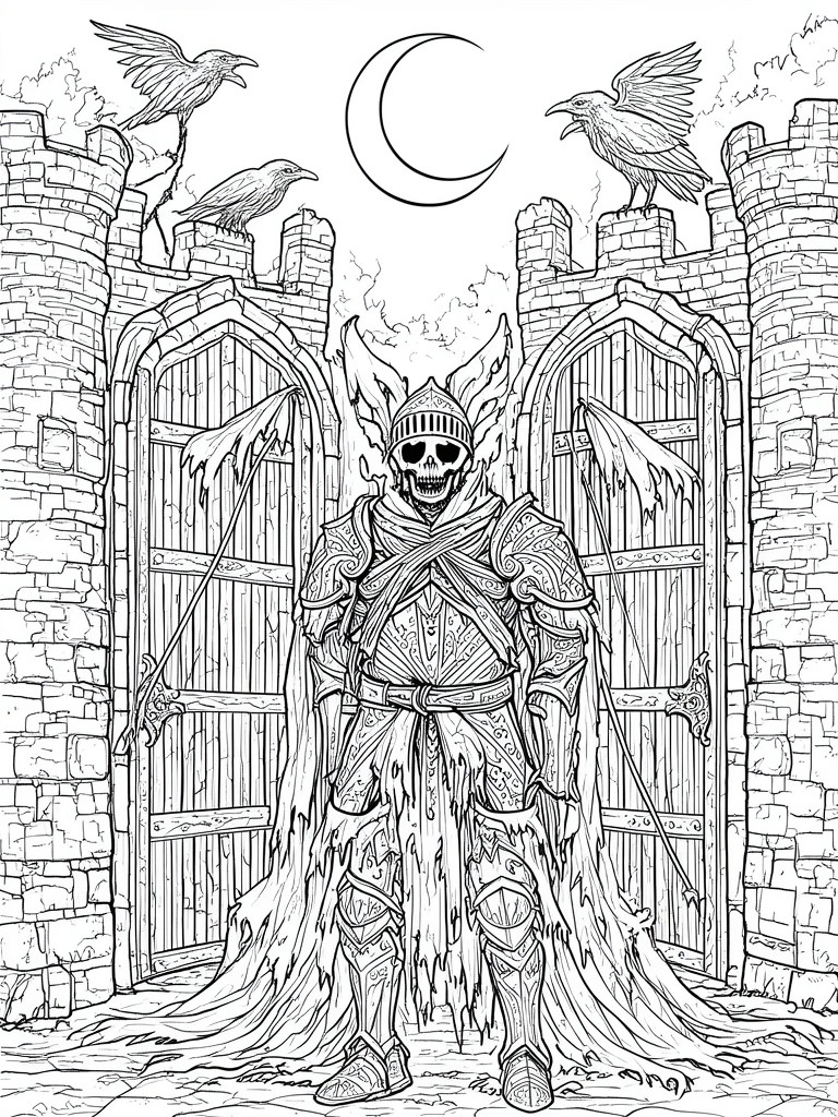 A skeleton knight in ornate armor stands between open castle gates with three ravens and a crescent moon above.
