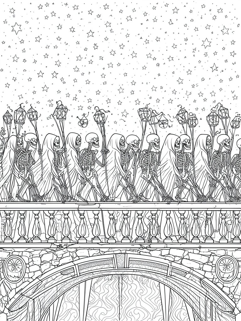 Line of cloaked skeletons holding lanterns crossing bridge under starry sky.
