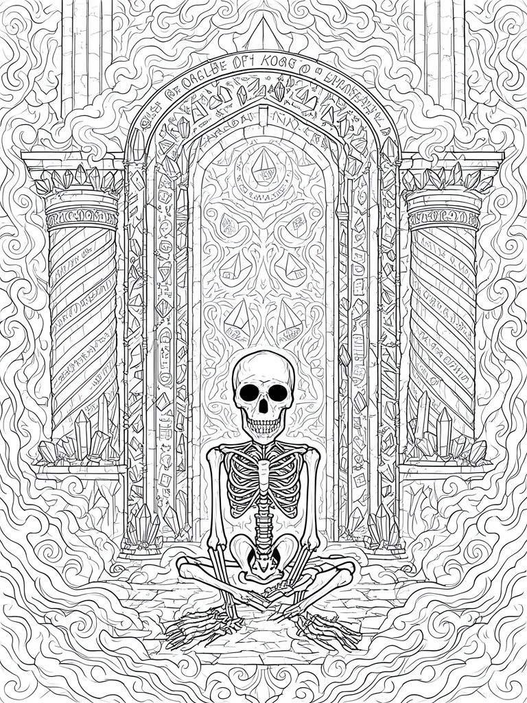 Skeleton meditating before ornate archway with spiral pillars and crystals.