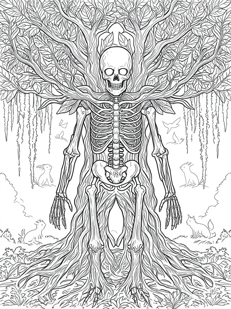 A black and white line drawing of a skeleton with tree branches growing from its upper body and roots from its legs, plus small animals in the background.