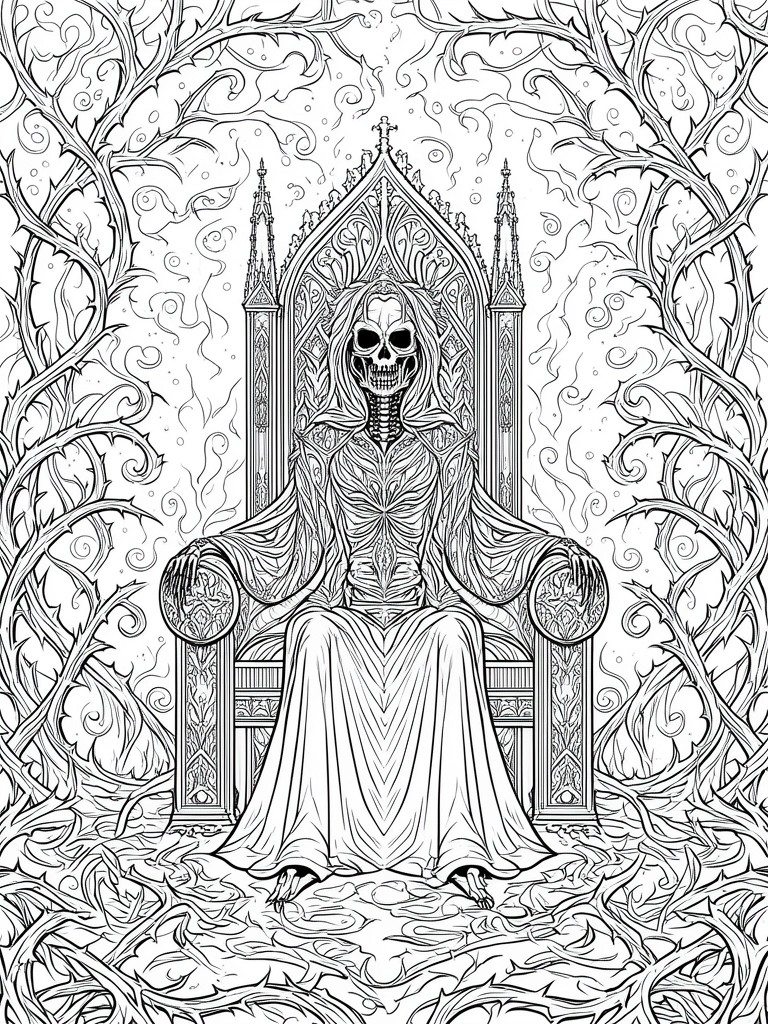 Skeletal figure in ornate robes and crown on gothic throne amid thorny vines.