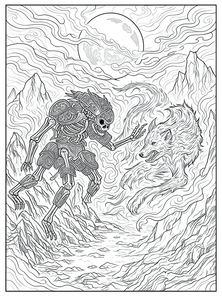 Armored skeleton reaching toward snarling wolf on rocky path under full moon in mountains.