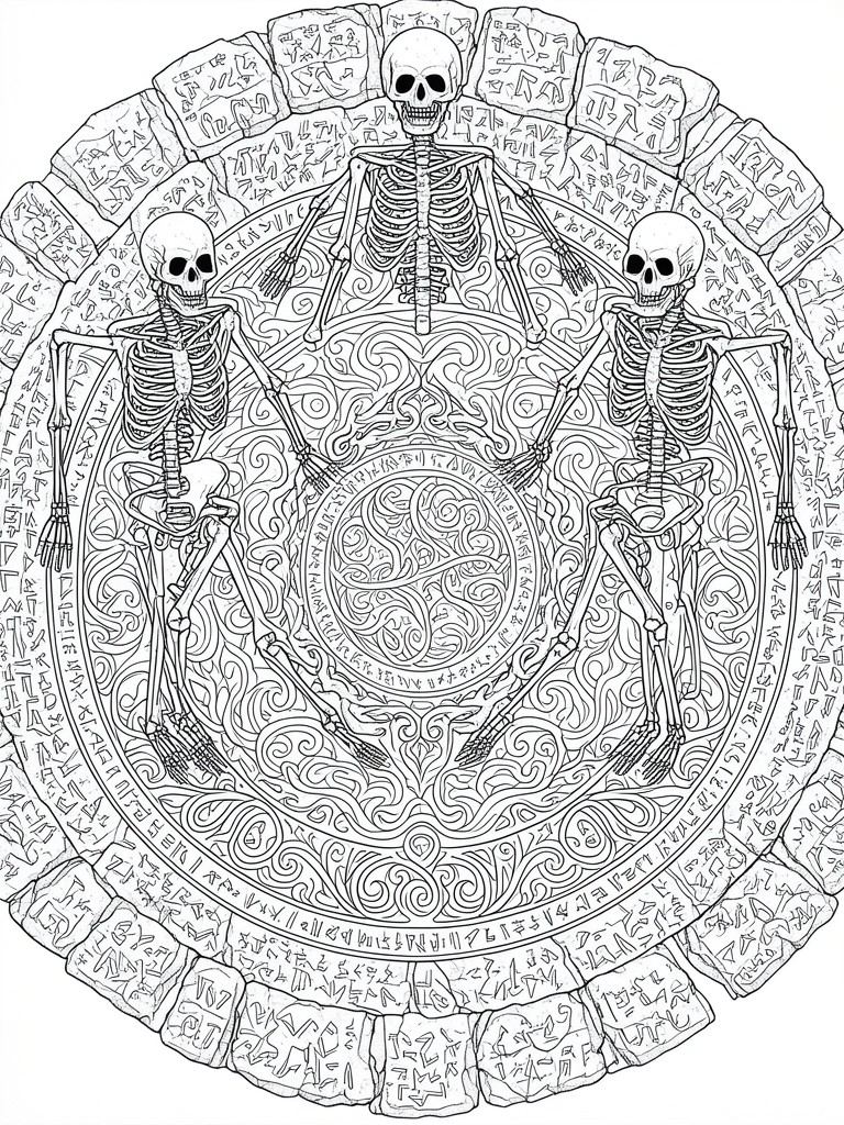 Three skeletons posed in a circle amid intricate runes and swirling mandala patterns.