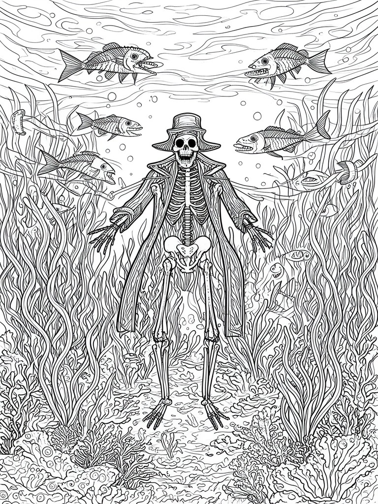 A black and white line drawing of a skeleton in a hat and coat standing on the ocean floor surrounded by fish, seaweed, coral, and bubbles.