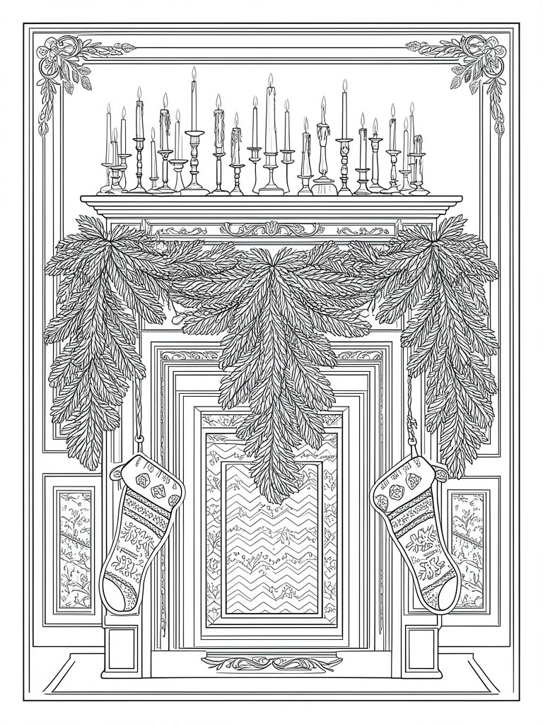 A black and white line drawing of a Christmas fireplace mantel covered in candles and garland with two stockings hanging on either side.