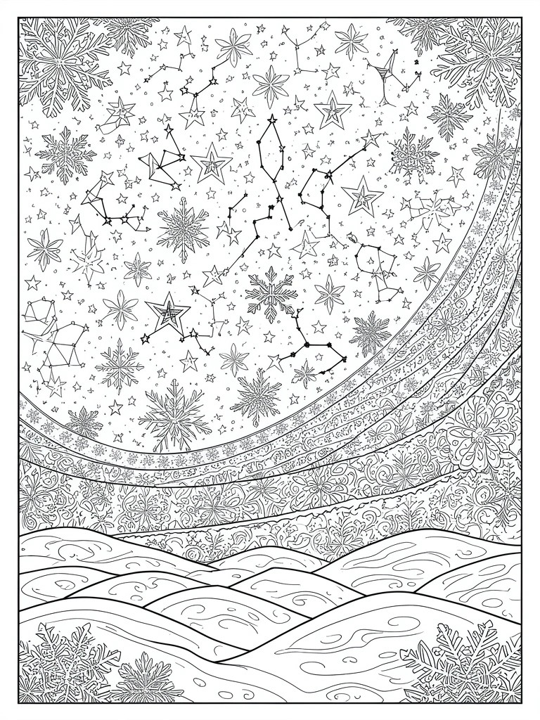 Coloring page of starry sky with constellations and snowflakes above snowy hills.