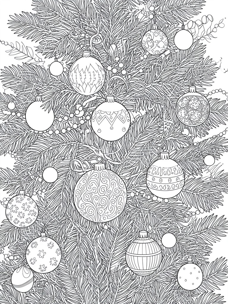 Black and white line drawing of a Christmas tree with many round ornaments some patterned some plain along with pine needles and bead garlands.