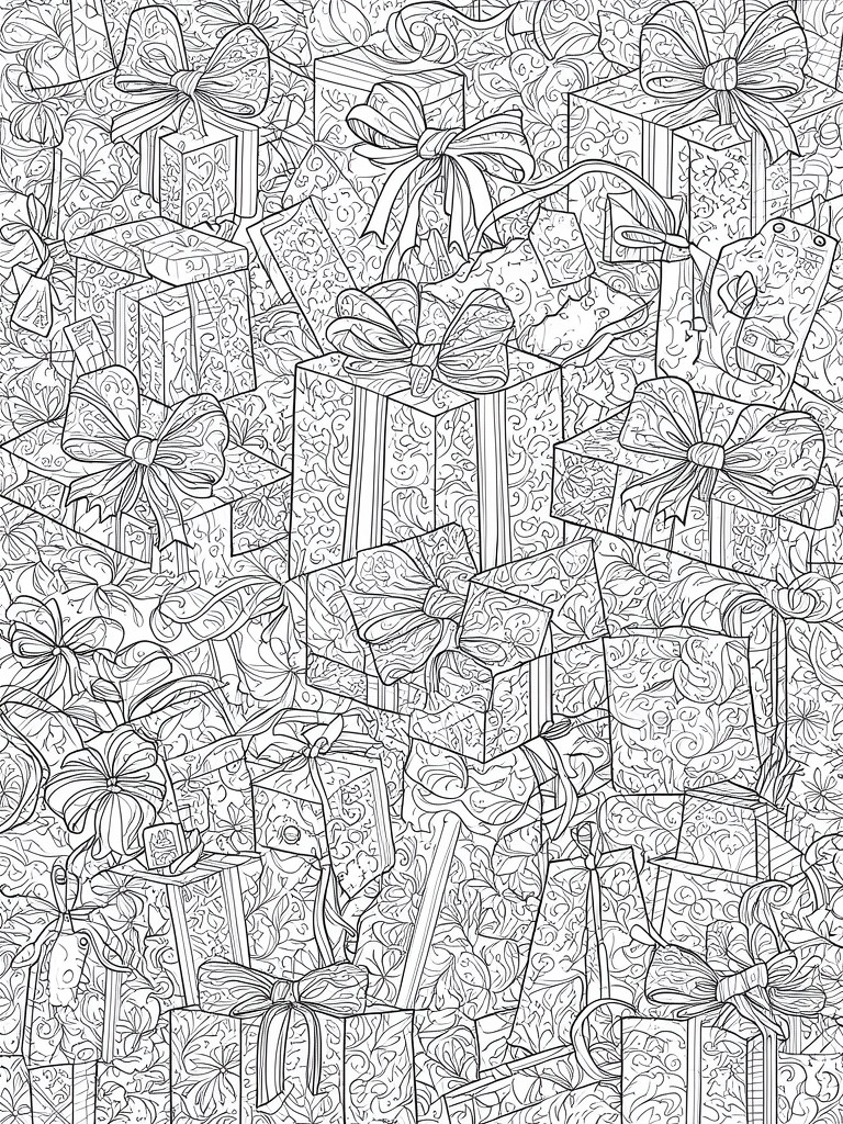 Coloring page of many wrapped gift boxes with bows, ribbons, and tags