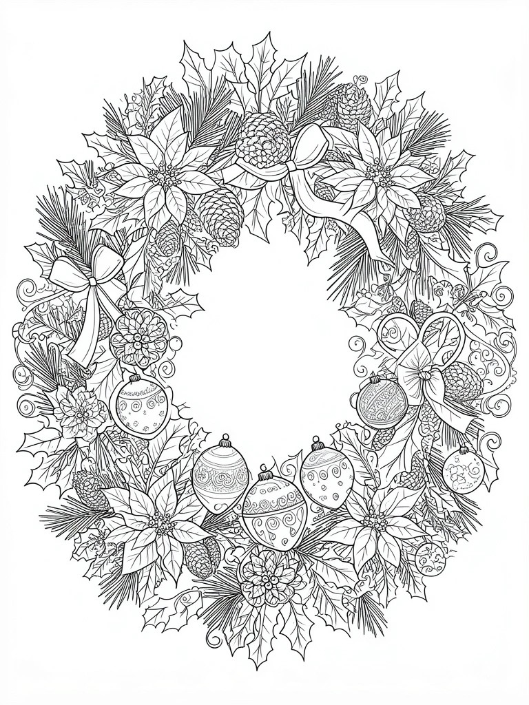 Intricate black-and-white line drawing of a festive Christmas wreath with poinsettias, ornaments, and bows.