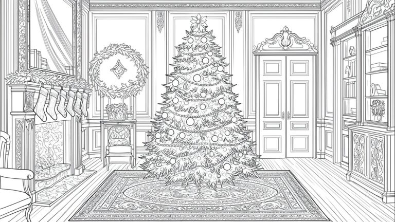 18 Elegant Adult Christmas Coloring Pages for Relaxing Winter Evenings A black and white line drawing of a tall decorated Christmas tree in a room with fireplace, stockings, wreath, armchair, and patterned rug.