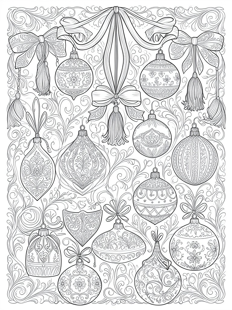 Black and white line art of many ornate Christmas ornaments with bows, tassels, and patterned surfaces against a background of swirling lines.