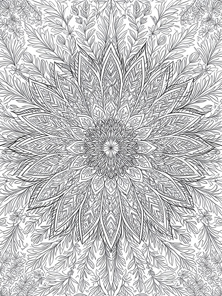 Intricate black-and-white mandala with symmetrical floral and leaf patterns radiating outward.