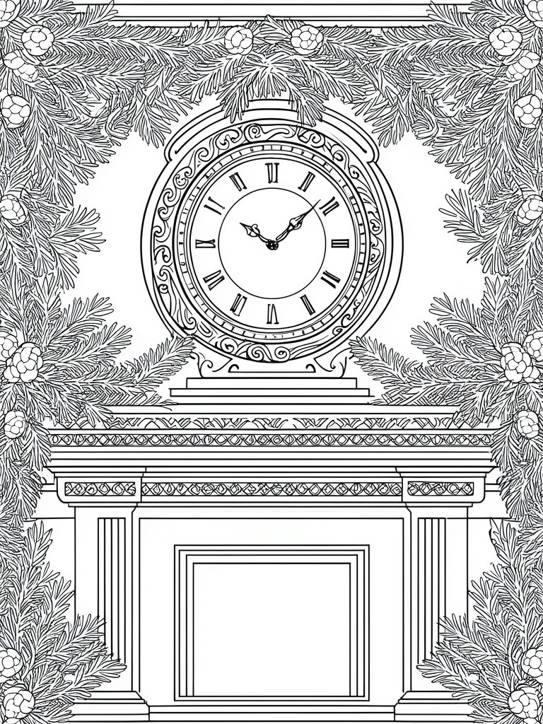 Ornate clock above fireplace mantel framed by pine branches with cones in line art