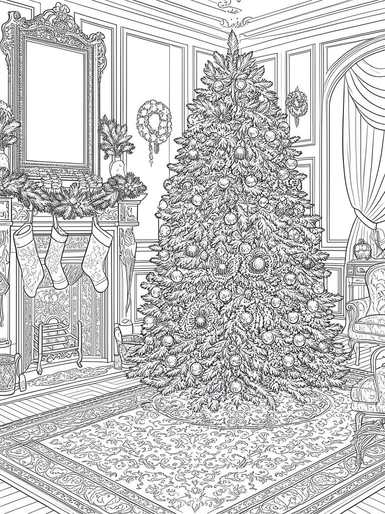 A black and white line drawing of a tall decorated Christmas tree in a room with fireplace, stockings, wreath, armchair, and patterned rug.