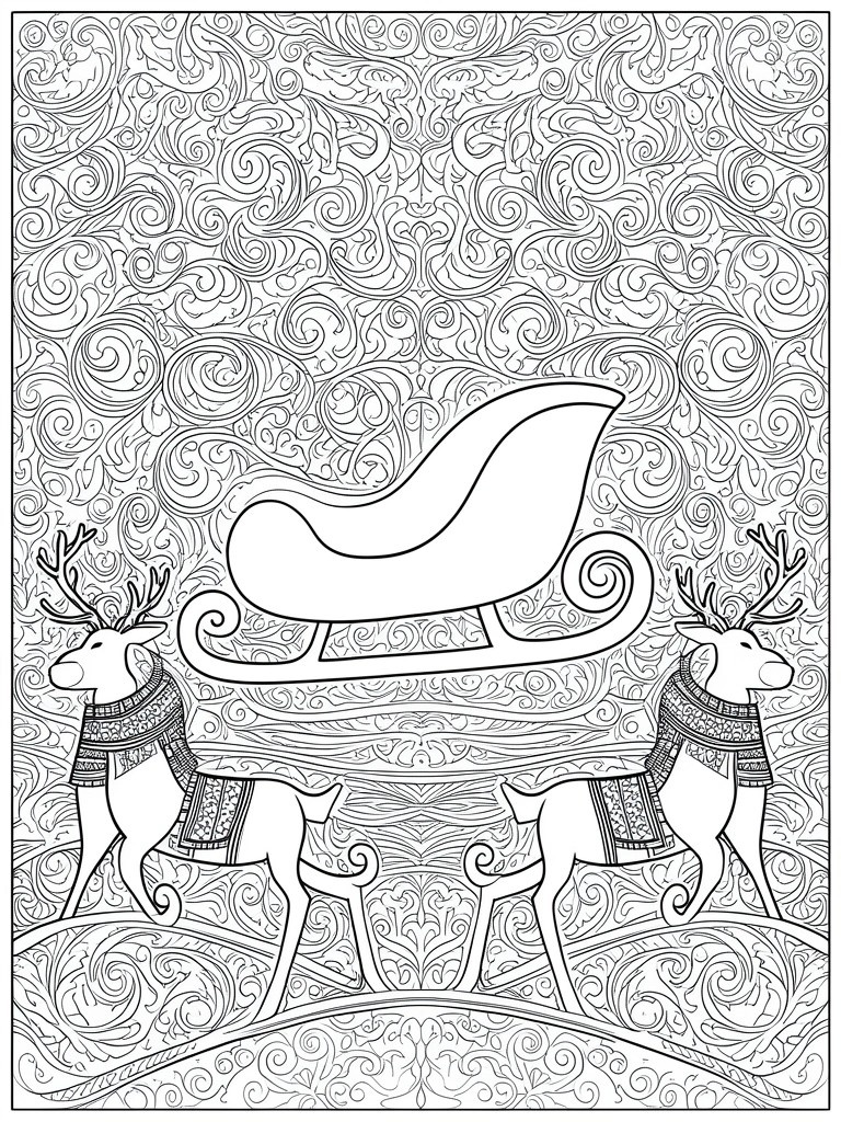 A black and white coloring page shows two reindeer in patterned sweaters pulling a sleigh against a background of dense swirling lines.