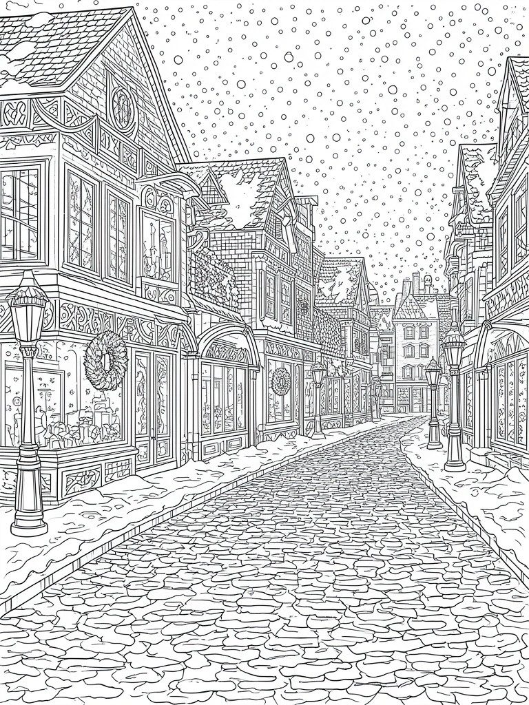 A black and white line drawing of a snowy cobblestone street lined with multi-story buildings, lanterns, wreaths, and falling snow.
