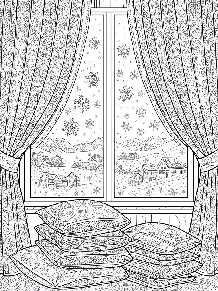 A black and white line drawing shows a window with falling snow and village houses outside, flanked by patterned curtains and a stack of pillows below.