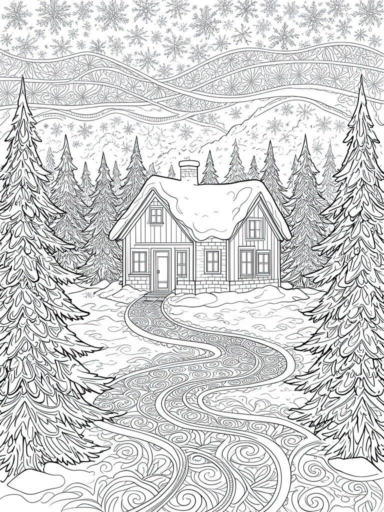 Black and white line art of snowy cabin amid pine trees with winding path.