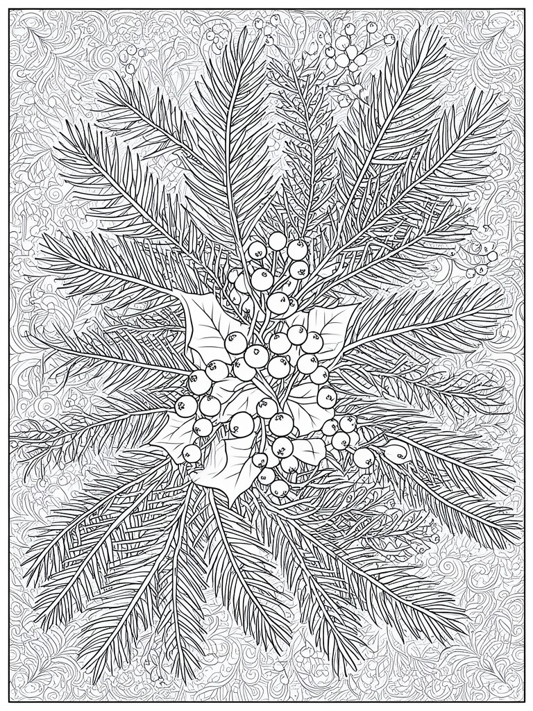 Detailed line drawing of pine branches, holly leaves, and berries in circular design