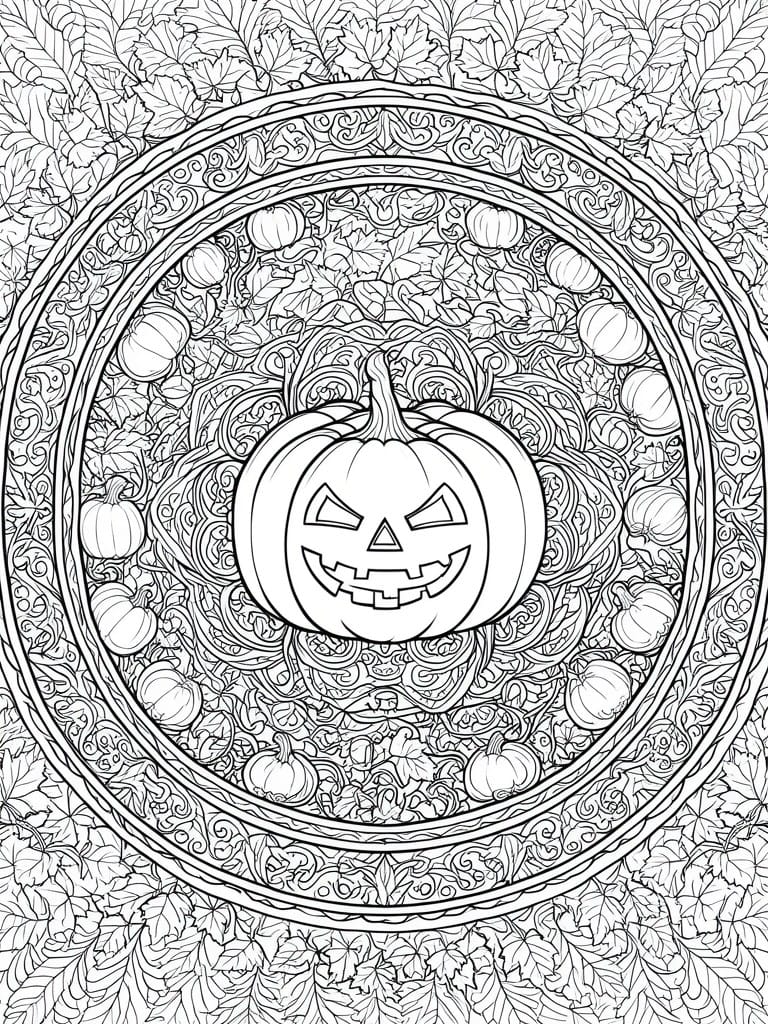 Detailed line art mandala with central jack-o'-lantern amid pumpkins and swirling leaves