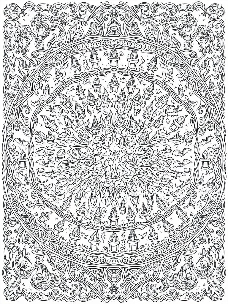 Intricate black-and-white mandala with candles, bats, flames, and swirling vines.